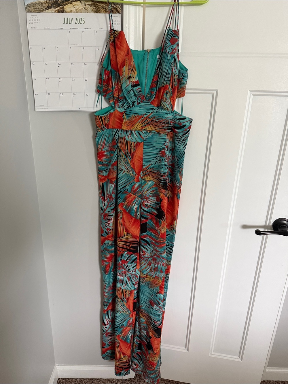 Fashion Nova Teal and Coral Tropical Cutout Jumpsuit